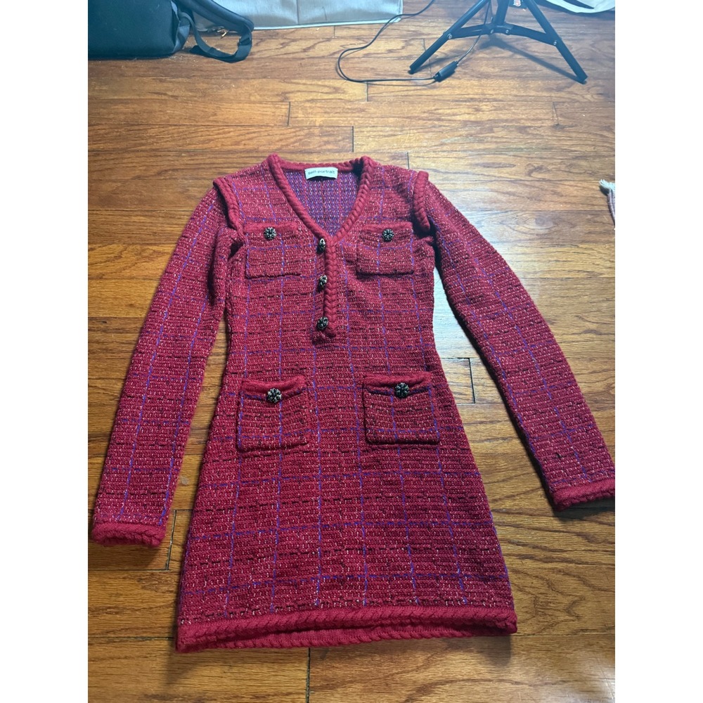 Self-Portrait Burgundy Red Check Knit Mini Dress Crystal Button Wool Blend Small